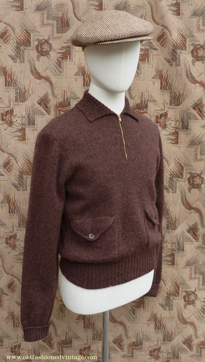 Old Fashioned Garments Vintage Reproduction 1930s Mens Wind-Breaker Coffee Brown Marl Zip Neck Jumper Polo Collar Sweater M