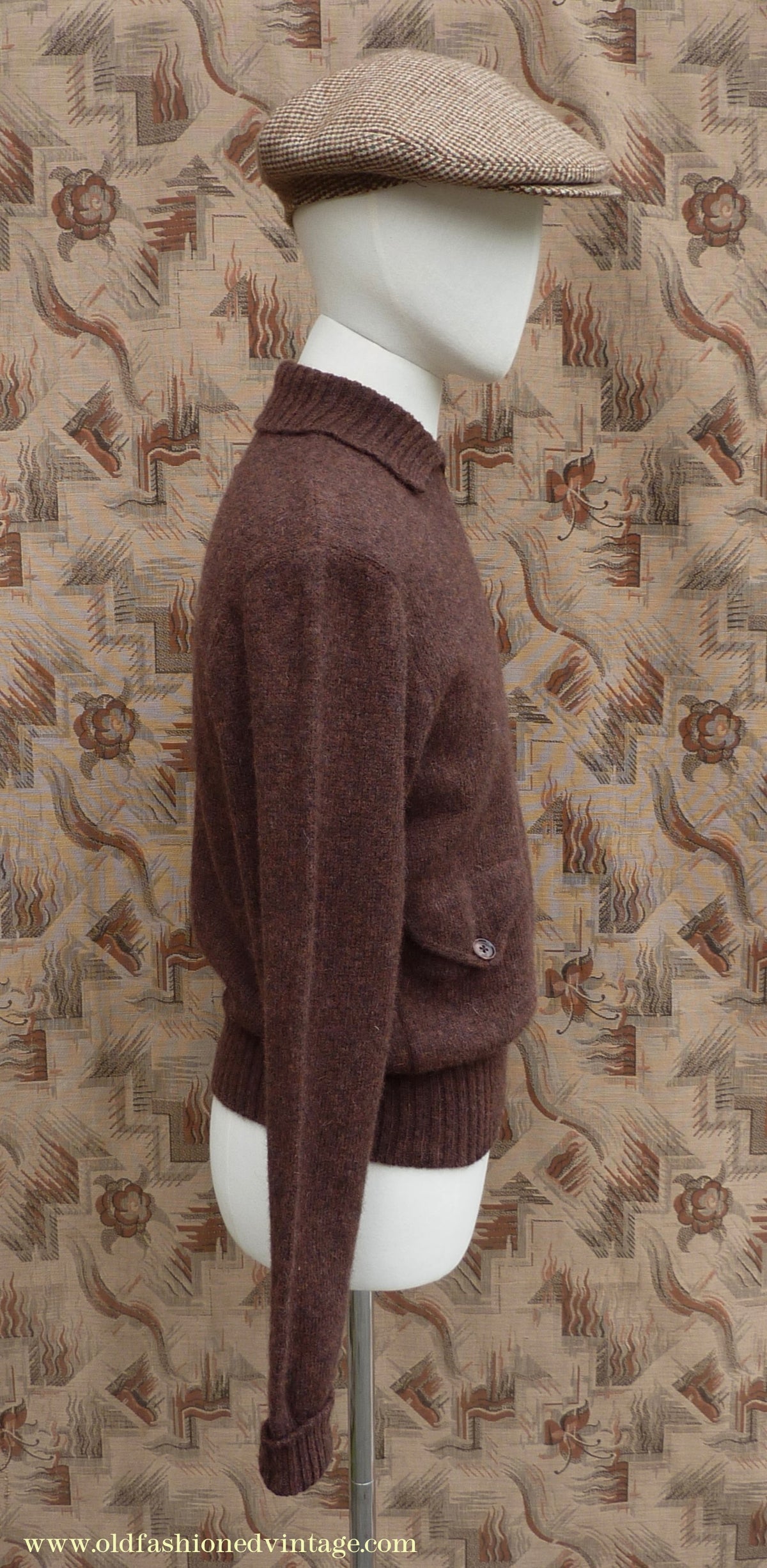 Old Fashioned Garments Vintage Reproduction 1930s Mens Wind-Breaker Coffee Brown Marl Zip Neck Jumper Polo Collar Sweater M