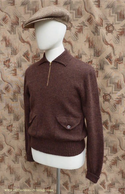 Old Fashioned Garments Vintage Reproduction 1930s Mens Wind-Breaker Coffee Brown Marl Zip Neck Jumper Polo Collar Sweater M
