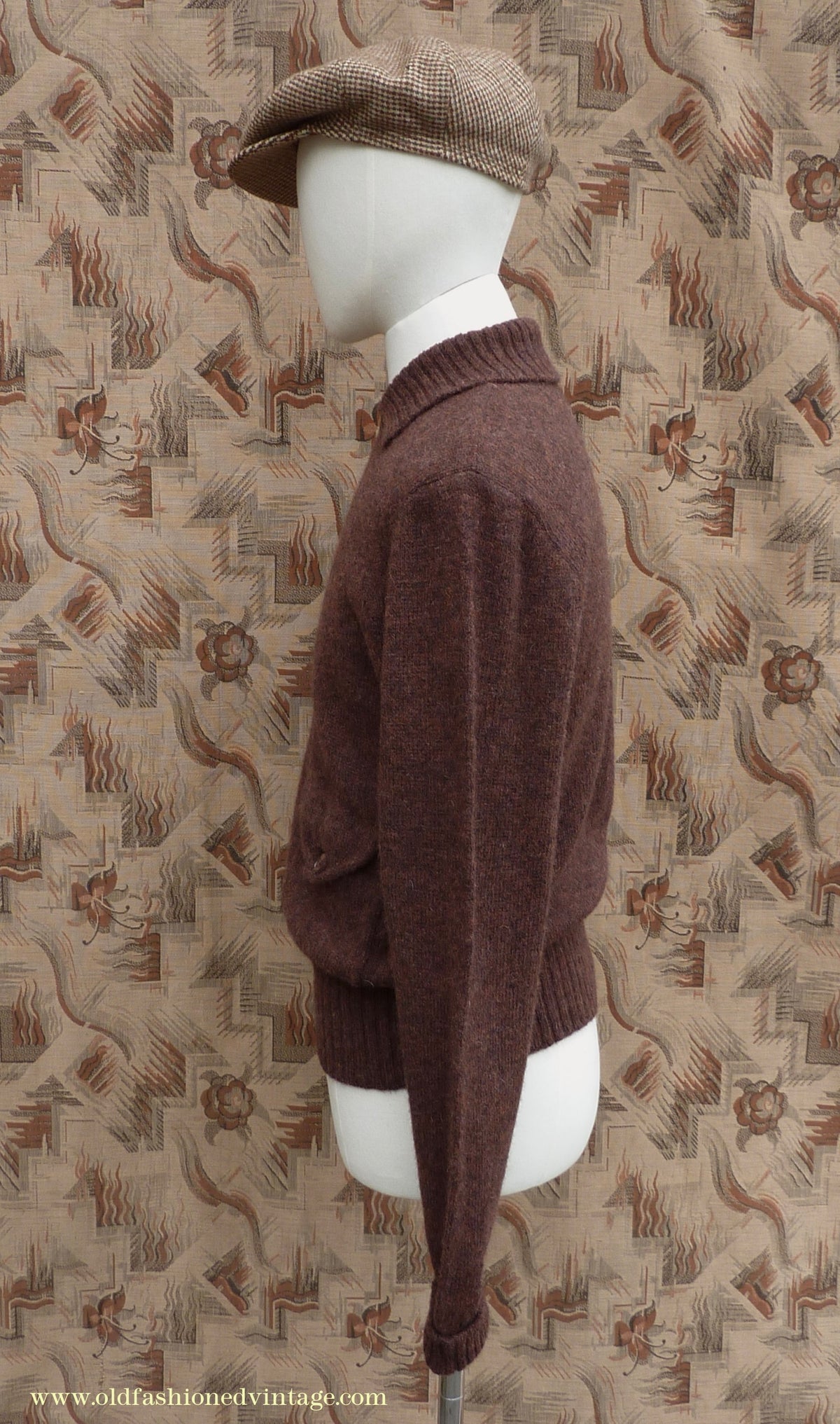 Old Fashioned Garments Vintage Reproduction 1930s Mens Wind-Breaker Coffee Brown Marl Zip Neck Jumper Polo Collar Sweater M