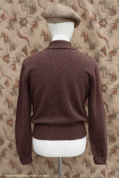 Old Fashioned Garments Vintage Reproduction 1930s Mens Wind-Breaker Coffee Brown Marl Zip Neck Jumper Polo Collar Sweater M