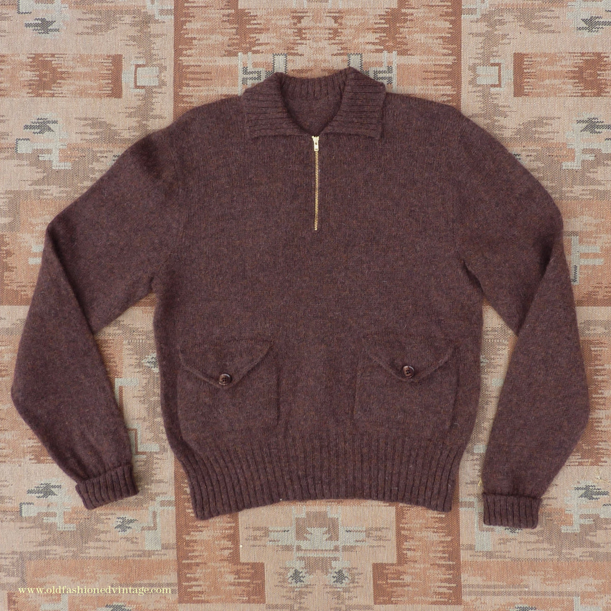 Old Fashioned Garments Vintage Reproduction 1930s Mens Wind-Breaker Coffee Brown Marl Zip Neck Jumper Polo Collar Sweater M