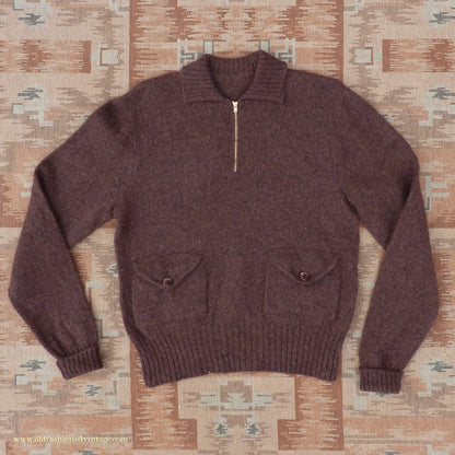 Old Fashioned Garments Vintage Reproduction 1930s Mens Wind-Breaker Coffee Brown Marl Zip Neck Jumper Polo Collar Sweater M