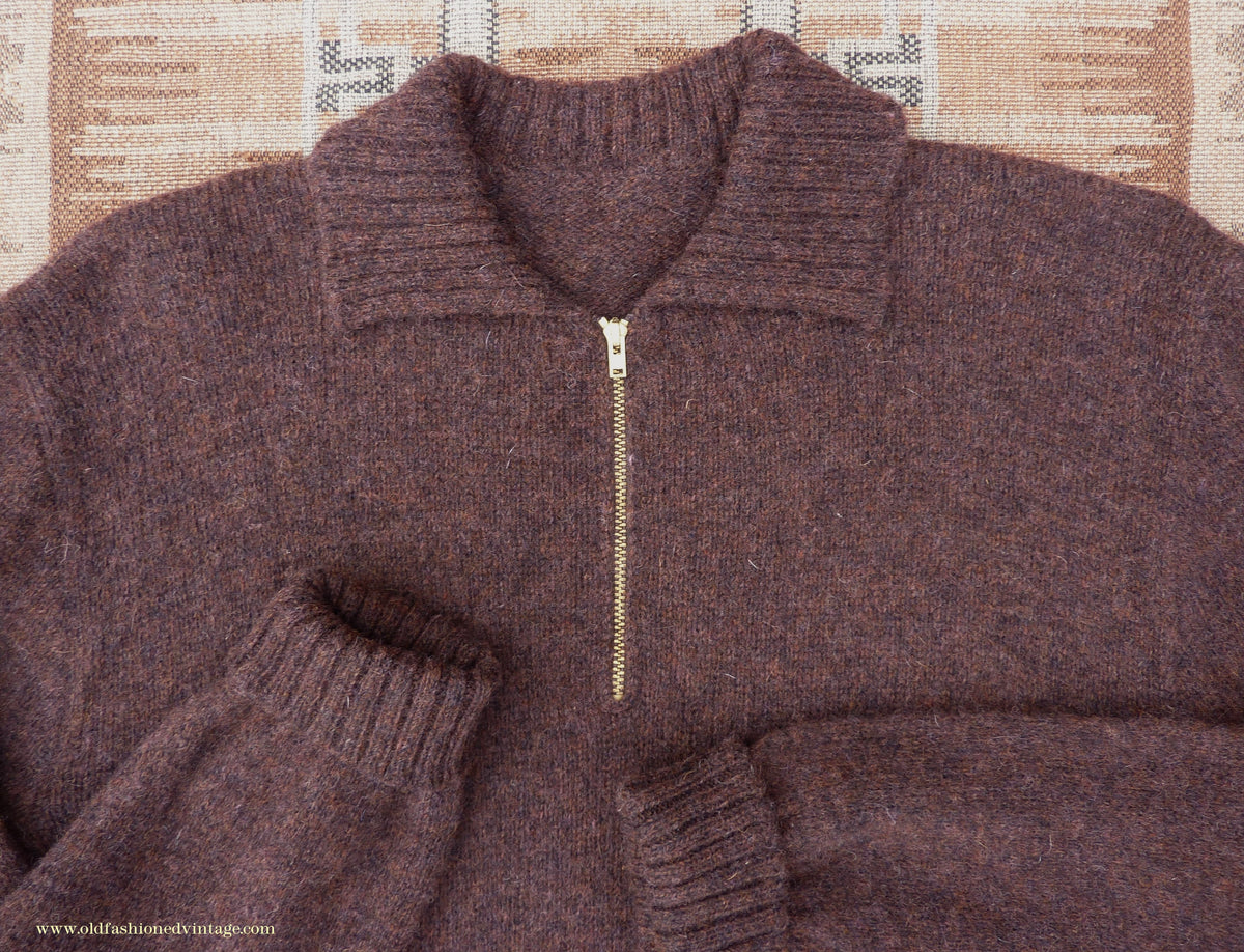 Old Fashioned Garments Vintage Reproduction 1930s Mens Wind-Breaker Coffee Brown Marl Zip Neck Jumper Polo Collar Sweater M