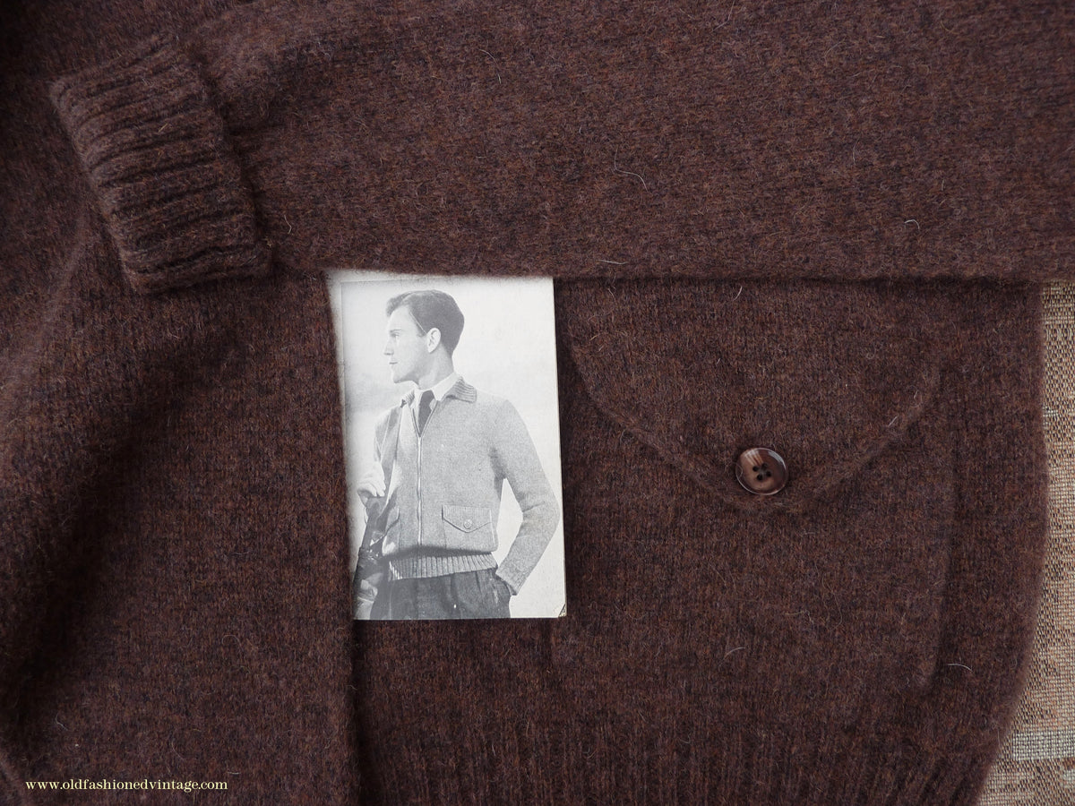Old Fashioned Garments Vintage Reproduction 1930s Mens Wind-Breaker Coffee Brown Marl Zip Neck Jumper Polo Collar Sweater M