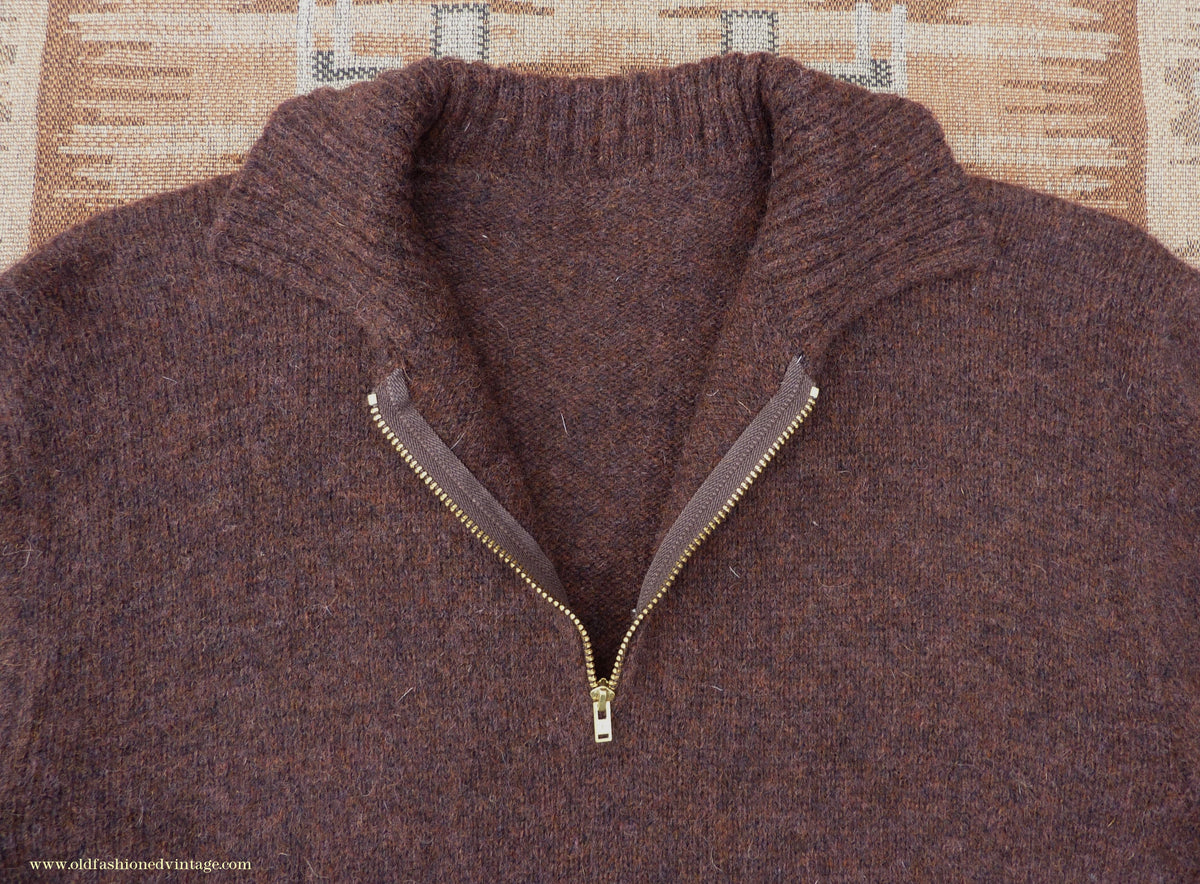 Old Fashioned Garments Vintage Reproduction 1930s Mens Wind-Breaker Coffee Brown Marl Zip Neck Jumper Polo Collar Sweater M