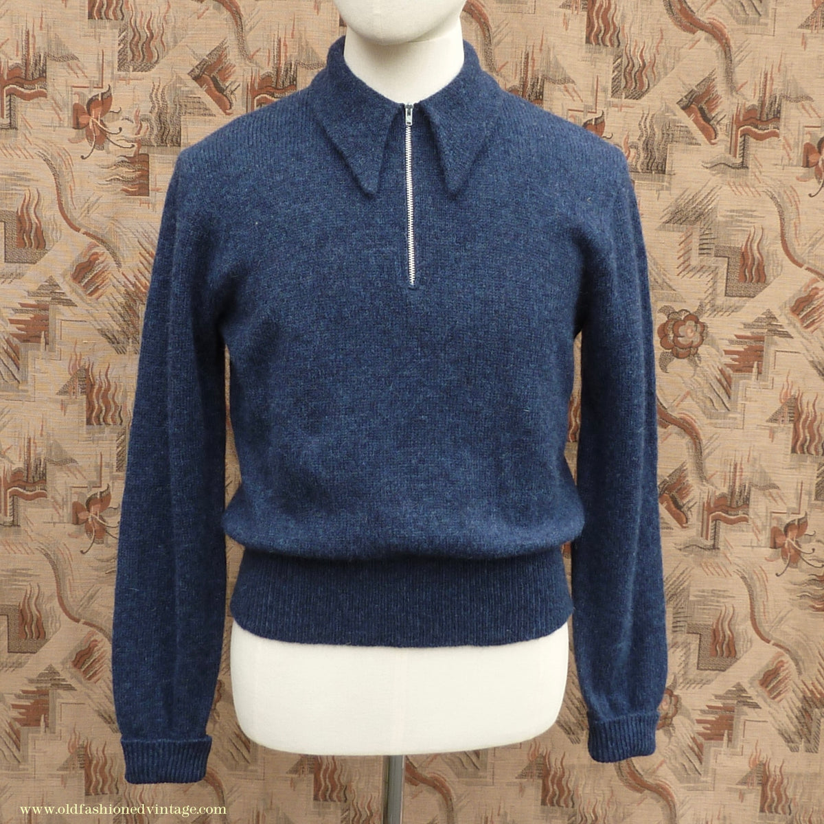 Old Fashioned Garments Vintage Reproduction 1940s Mens Long Collar Zip Neck Jumper Indigo Blue Polo Sweater M