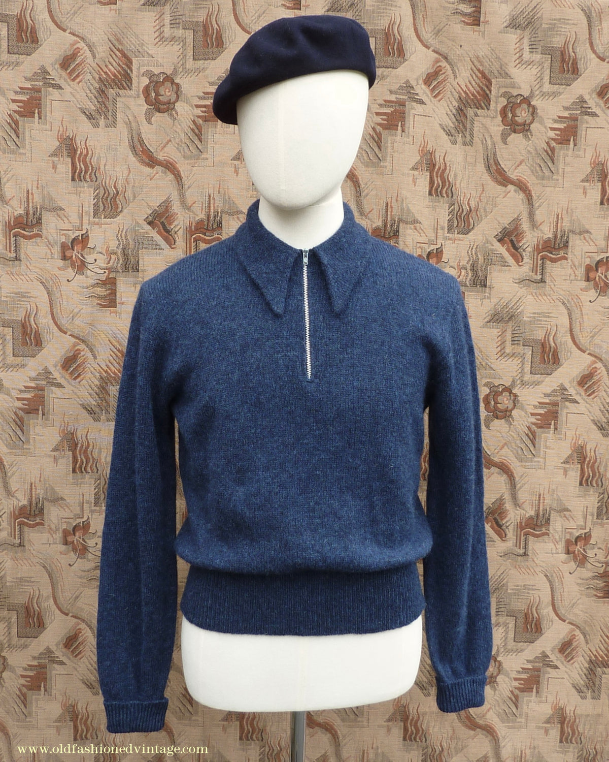 Old Fashioned Garments Vintage Reproduction 1940s Mens Long Collar Zip Neck Jumper Indigo Blue Polo Sweater M