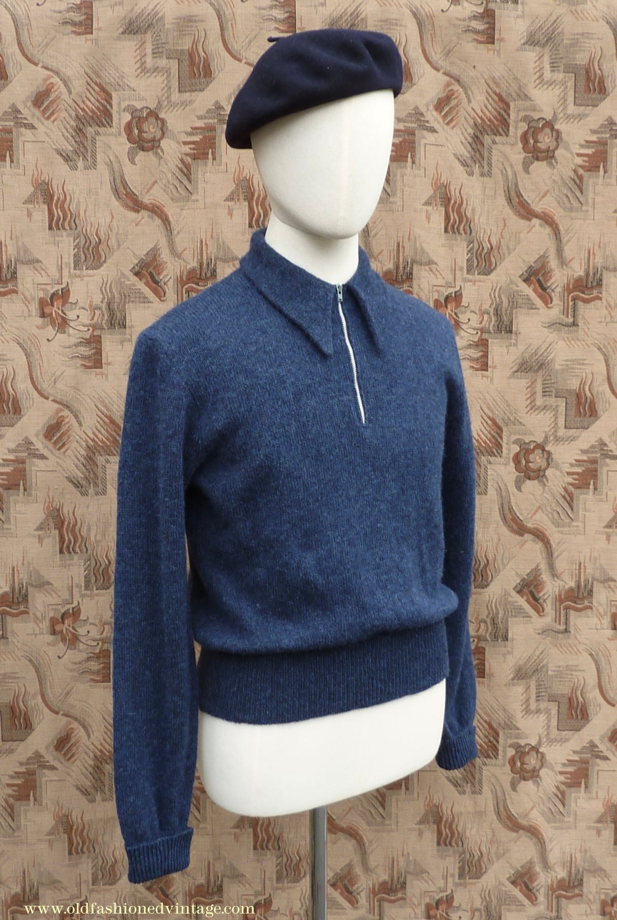 Old Fashioned Garments Vintage Reproduction 1940s Mens Long Collar Zip Neck Jumper Indigo Blue Polo Sweater M