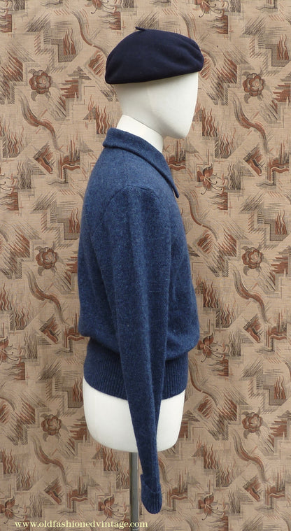 Old Fashioned Garments Vintage Reproduction 1940s Mens Long Collar Zip Neck Jumper Indigo Blue Polo Sweater M