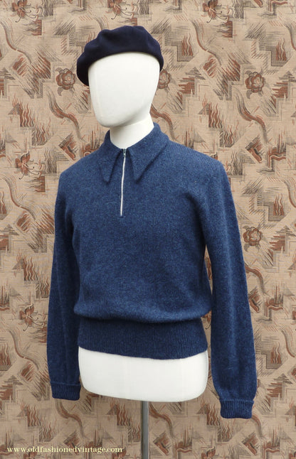 Old Fashioned Garments Vintage Reproduction 1940s Mens Long Collar Zip Neck Jumper Indigo Blue Polo Sweater M