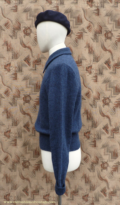 Old Fashioned Garments Vintage Reproduction 1940s Mens Long Collar Zip Neck Jumper Indigo Blue Polo Sweater M