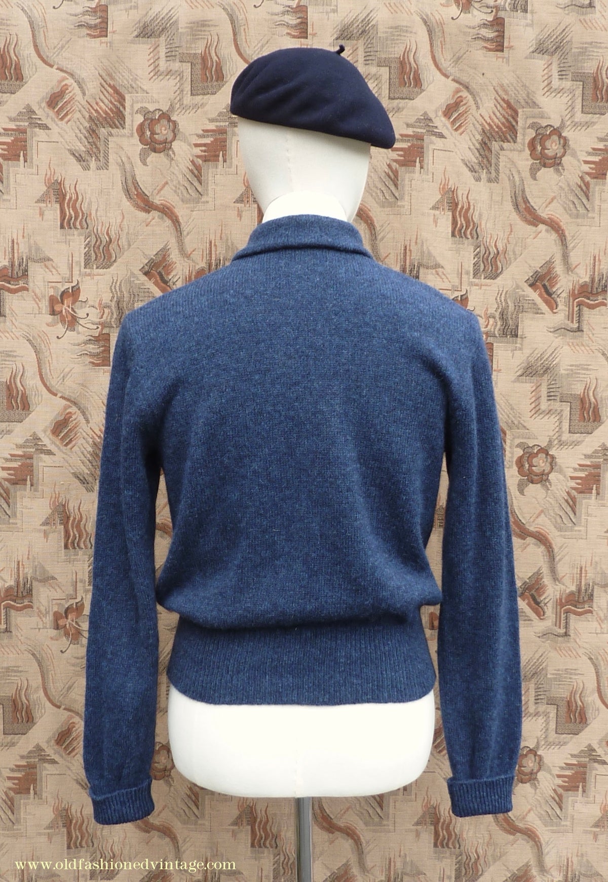 Old Fashioned Garments Vintage Reproduction 1940s Mens Long Collar Zip Neck Jumper Indigo Blue Polo Sweater M
