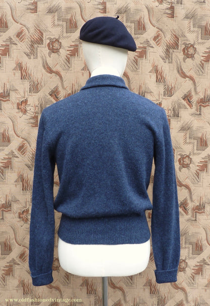 Old Fashioned Garments Vintage Reproduction 1940s Mens Long Collar Zip Neck Jumper Indigo Blue Polo Sweater M
