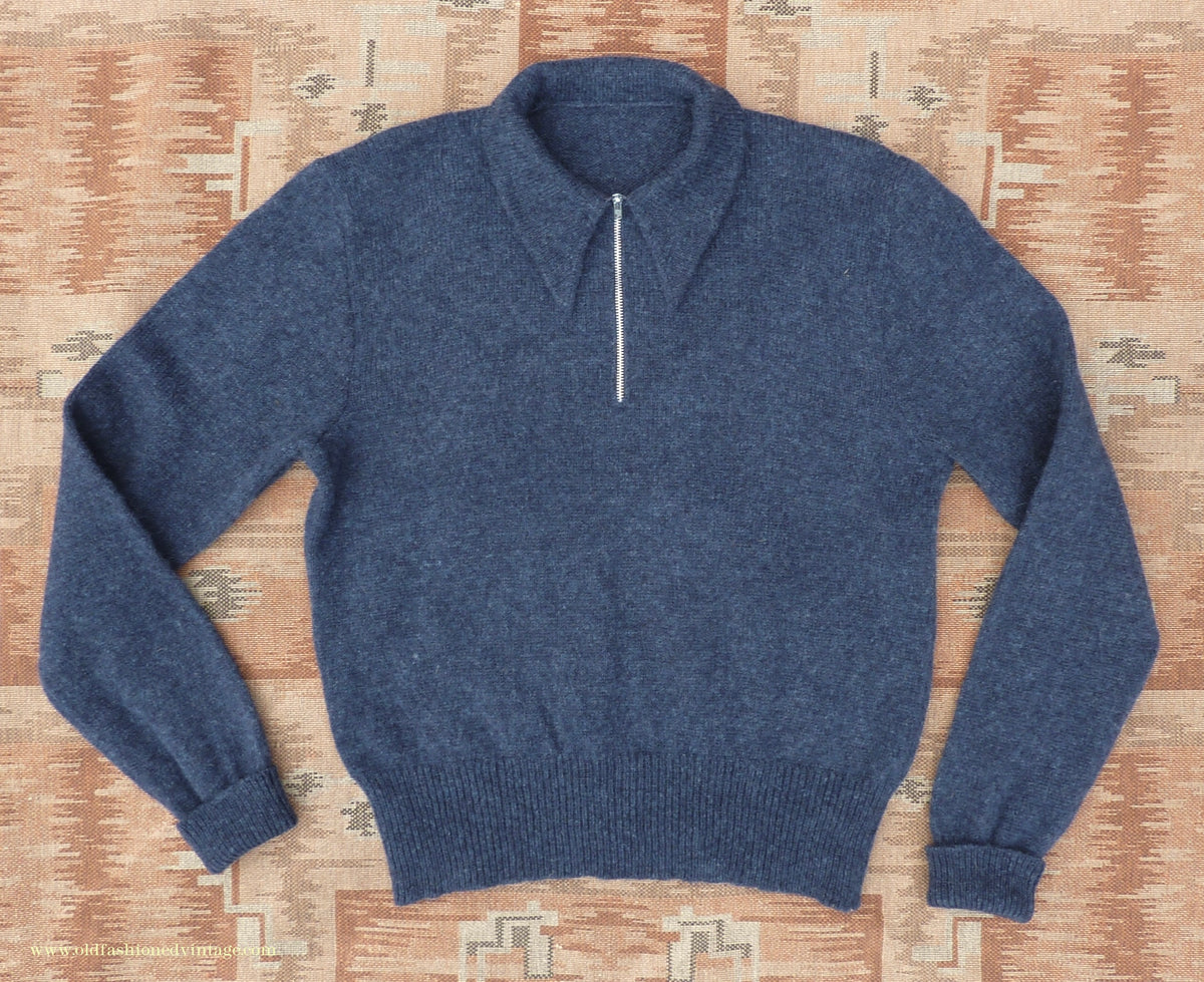 Old Fashioned Garments Vintage Reproduction 1940s Mens Long Collar Zip Neck Jumper Indigo Blue Polo Sweater M