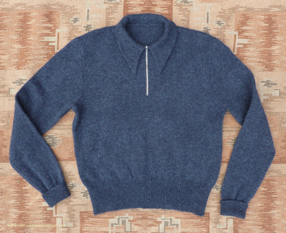 Old Fashioned Garments Vintage Reproduction 1940s Mens Long Collar Zip Neck Jumper Indigo Blue Polo Sweater M