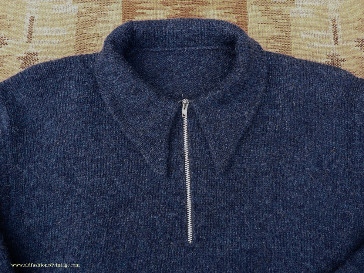 Old Fashioned Garments Vintage Reproduction 1940s Mens Long Collar Zip Neck Jumper Indigo Blue Polo Sweater M