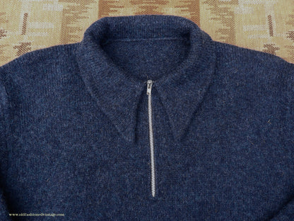 Old Fashioned Garments Vintage Reproduction 1940s Mens Long Collar Zip Neck Jumper Indigo Blue Polo Sweater M