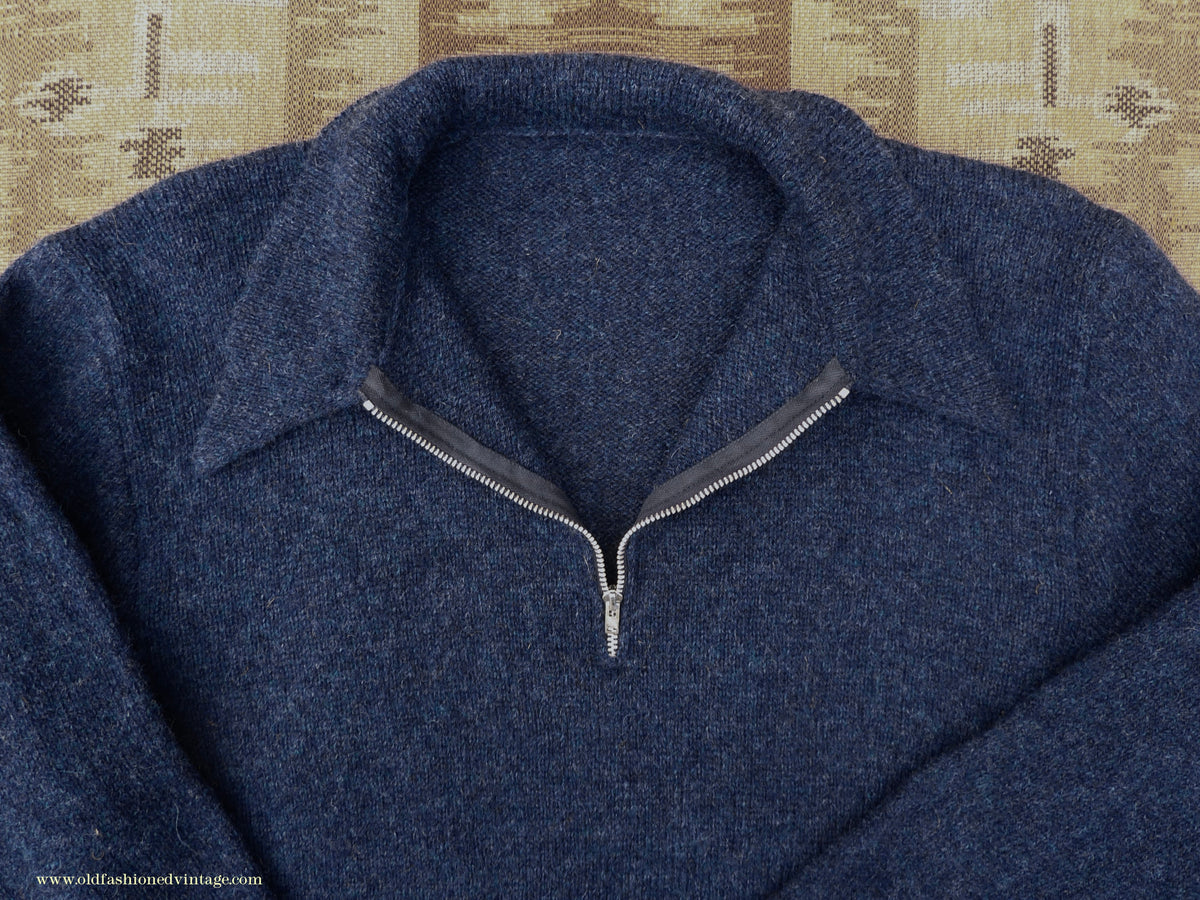 Old Fashioned Garments Vintage Reproduction 1940s Mens Long Collar Zip Neck Jumper Indigo Blue Polo Sweater M