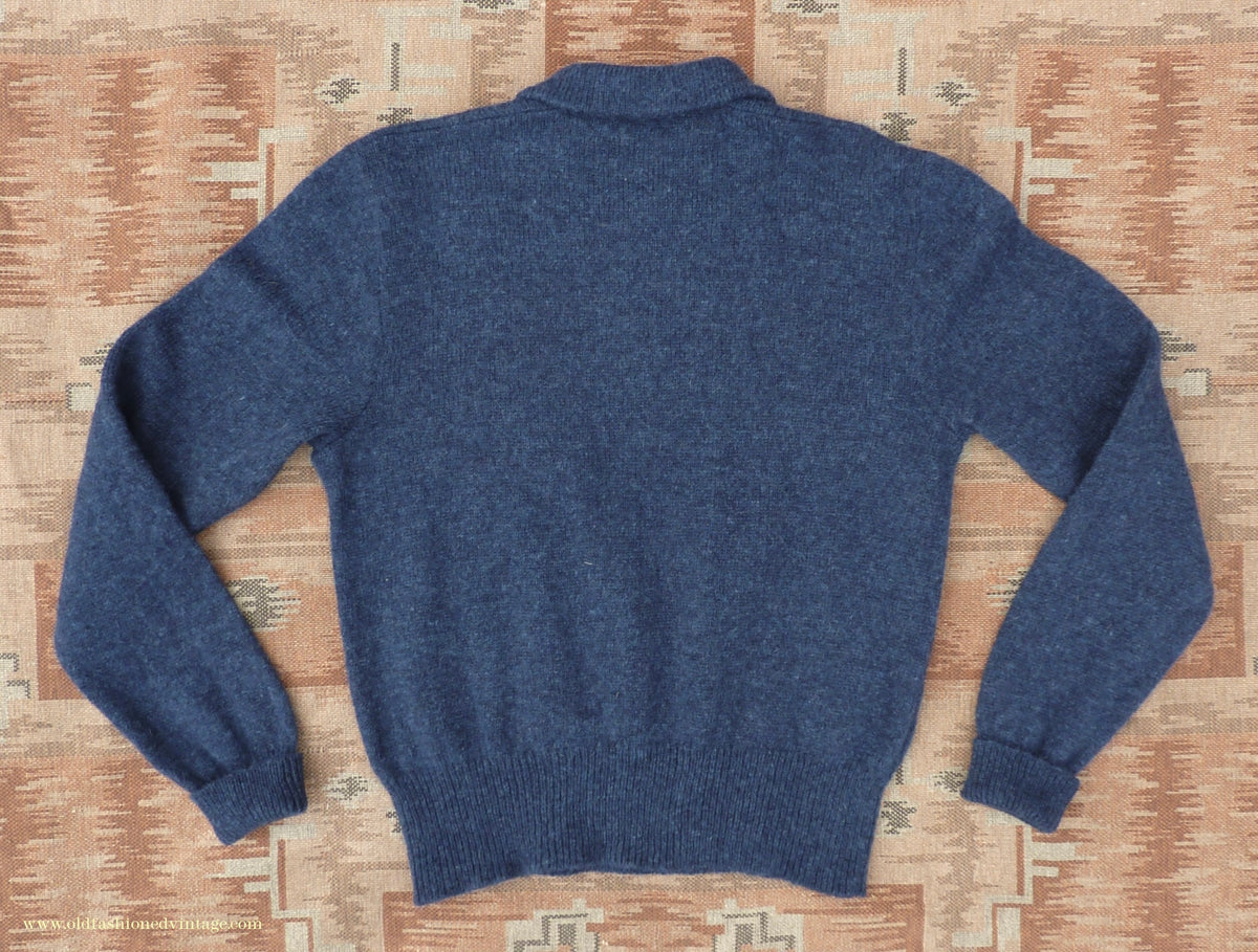 Old Fashioned Garments Vintage Reproduction 1940s Mens Long Collar Zip Neck Jumper Indigo Blue Polo Sweater M