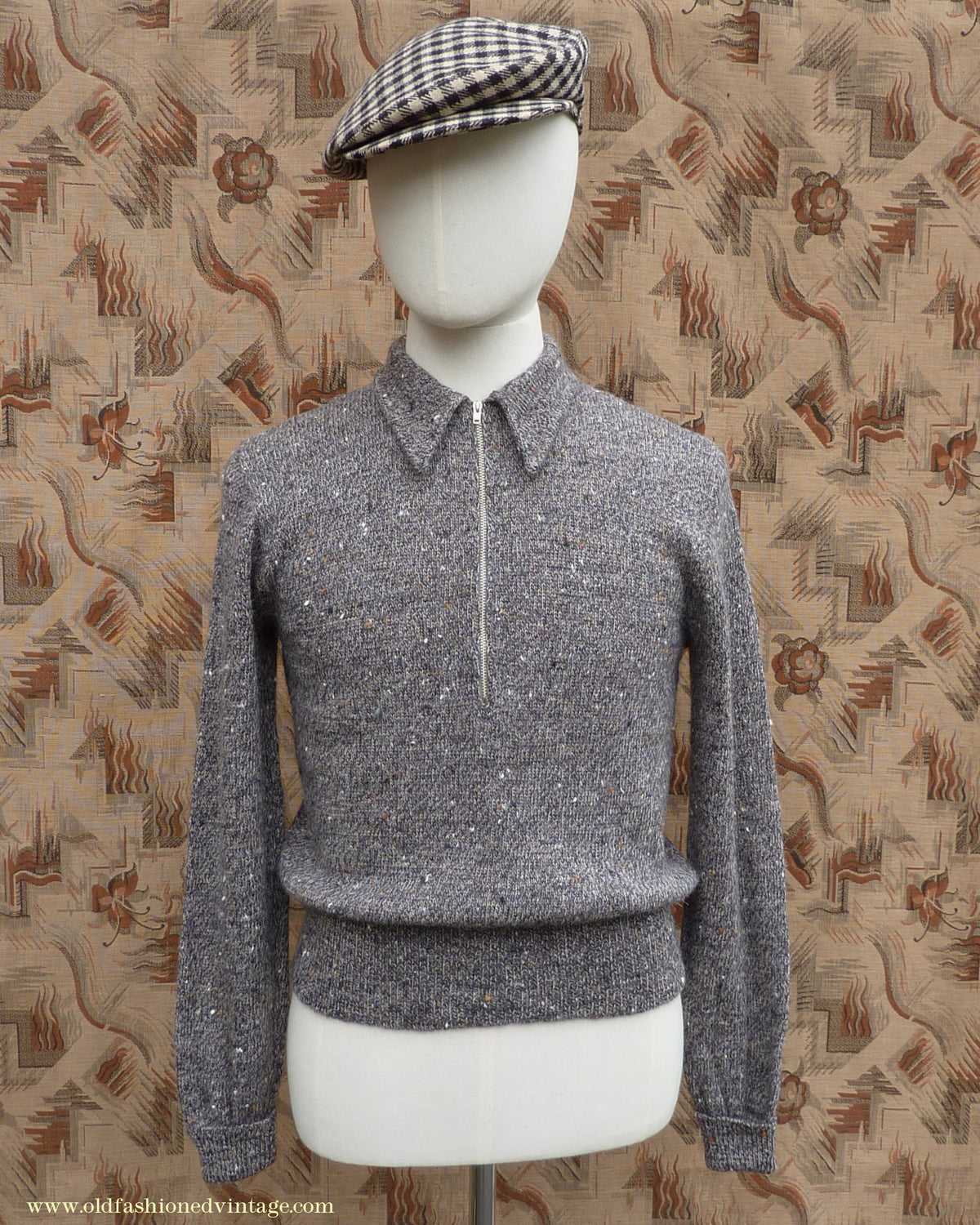Old Fashioned Garments Vintage Reproduction 1940s Mens Long Collar Zip Neck Jumper Speckled Flecked Grey Marl Wool Polo Sweater S