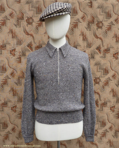 Old Fashioned Garments Vintage Reproduction 1940s Mens Long Collar Zip Neck Jumper Speckled Flecked Grey Marl Wool Polo Sweater S