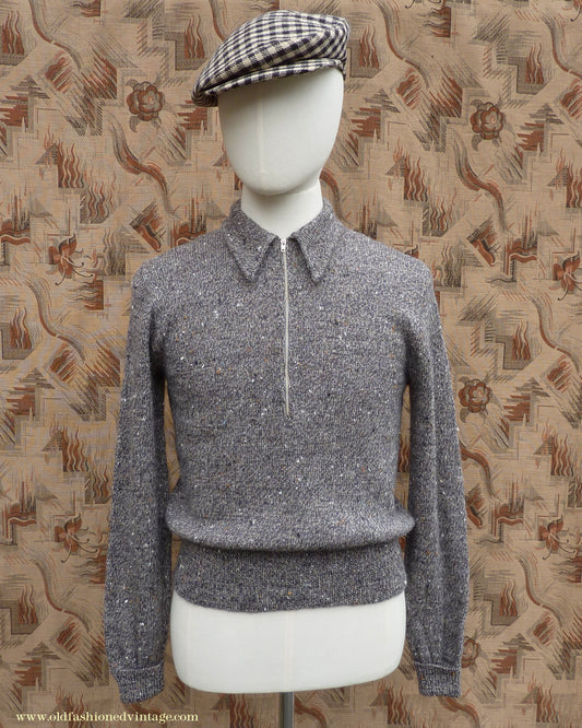 Old Fashioned Garments Vintage Reproduction 1940s Mens Long Collar Zip Neck Jumper Speckled Flecked Grey Marl Wool Polo Sweater S