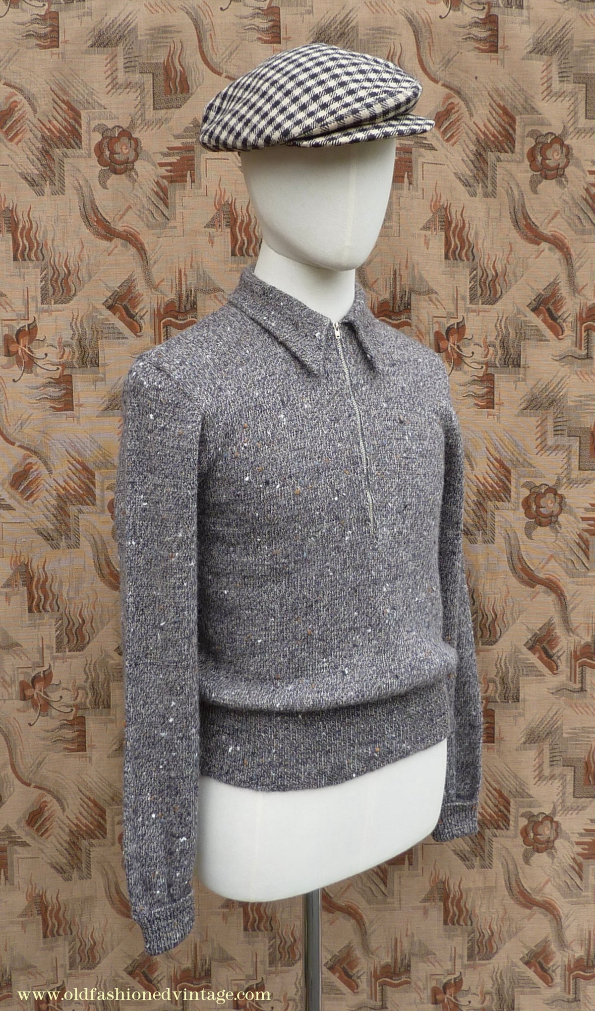 Old Fashioned Garments Vintage Reproduction 1940s Mens Long Collar Zip Neck Jumper Speckled Flecked Grey Marl Wool Polo Sweater S