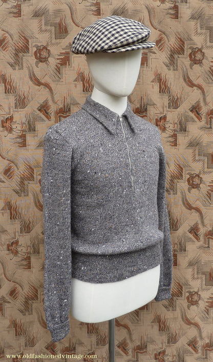 Old Fashioned Garments Vintage Reproduction 1940s Mens Long Collar Zip Neck Jumper Speckled Flecked Grey Marl Wool Polo Sweater S