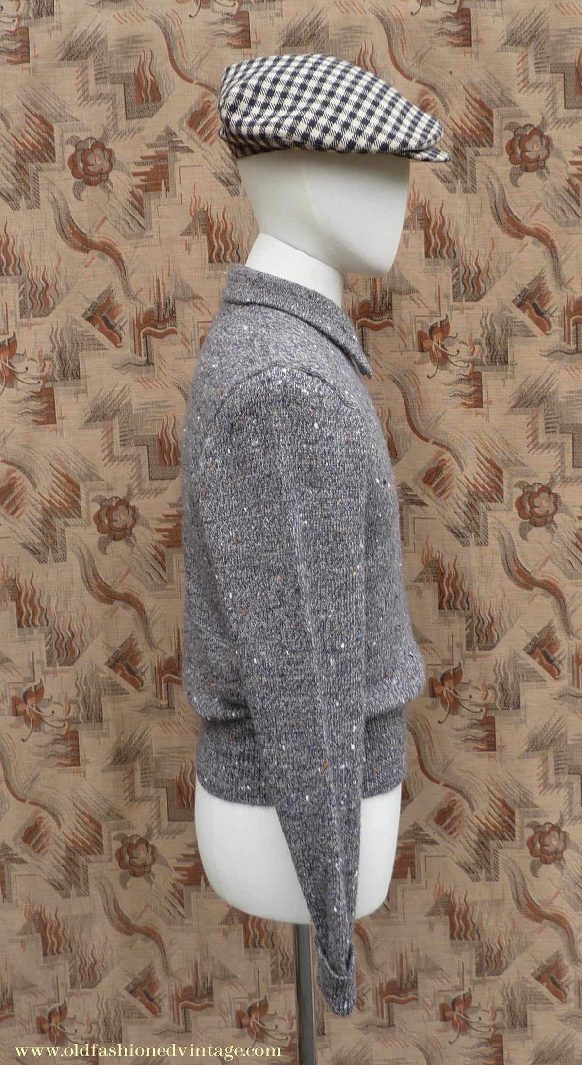Old Fashioned Garments Vintage Reproduction 1940s Mens Long Collar Zip Neck Jumper Speckled Flecked Grey Marl Wool Polo Sweater S