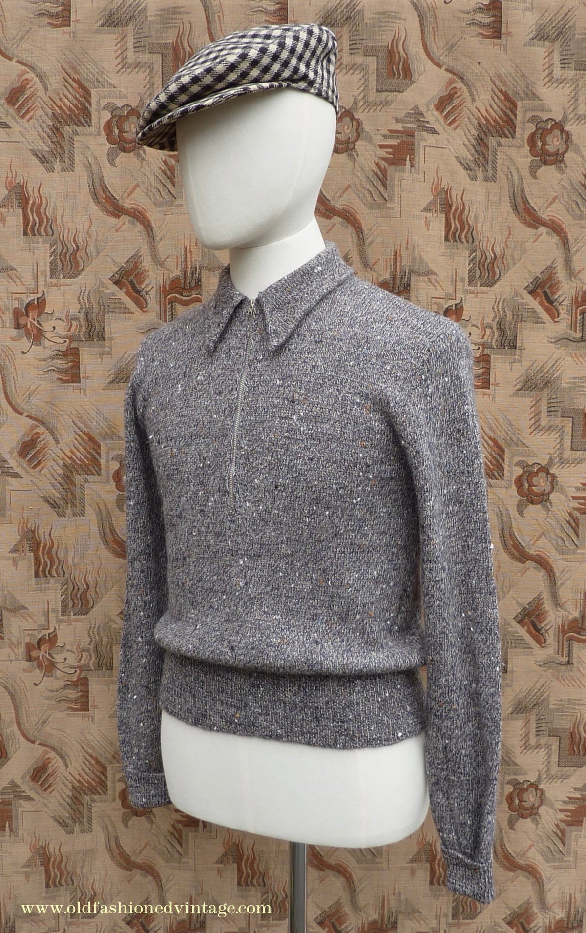 Old Fashioned Garments Vintage Reproduction 1940s Mens Long Collar Zip Neck Jumper Speckled Flecked Grey Marl Wool Polo Sweater S