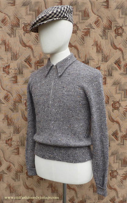 Old Fashioned Garments Vintage Reproduction 1940s Mens Long Collar Zip Neck Jumper Speckled Flecked Grey Marl Wool Polo Sweater S