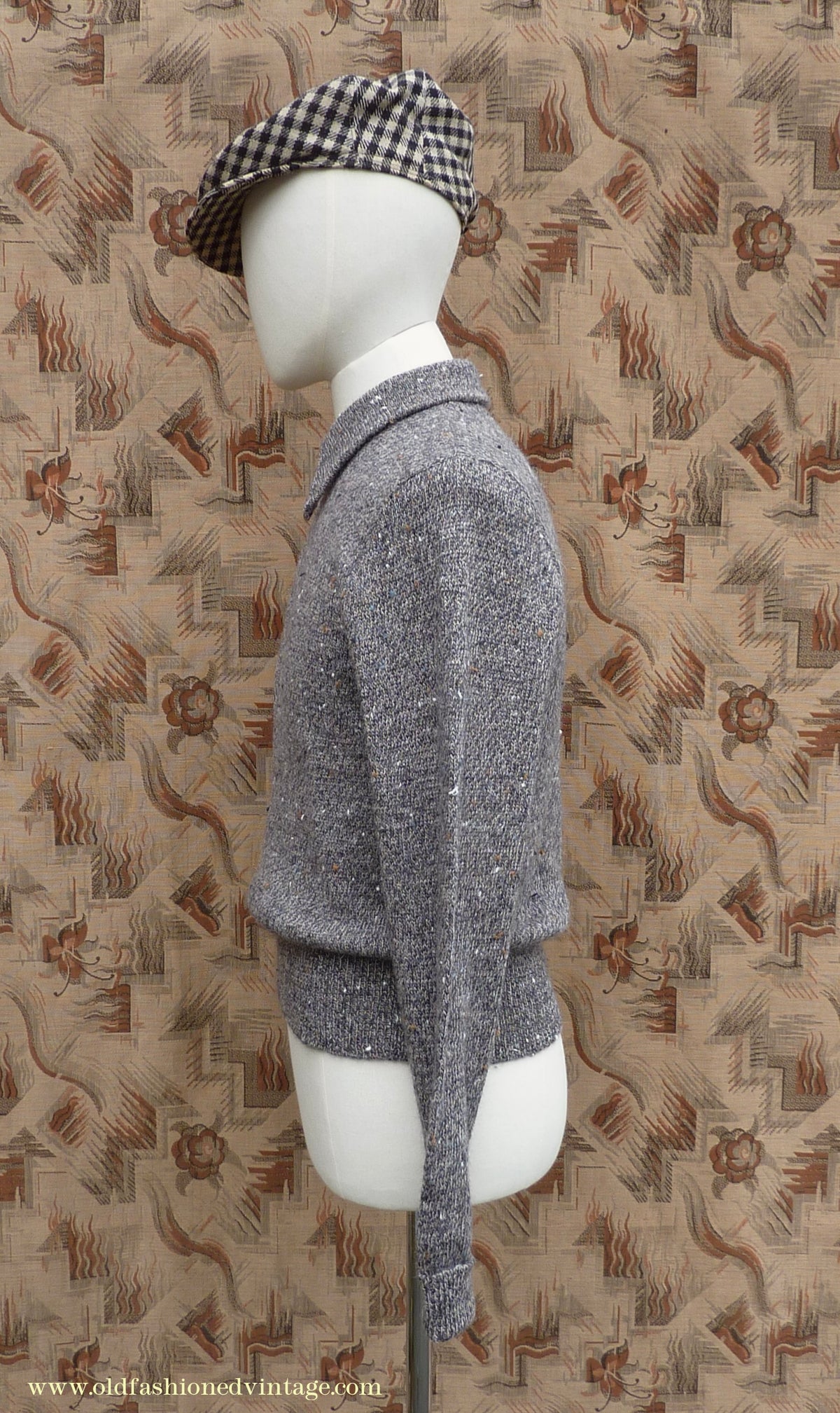 Old Fashioned Garments Vintage Reproduction 1940s Mens Long Collar Zip Neck Jumper Speckled Flecked Grey Marl Wool Polo Sweater S