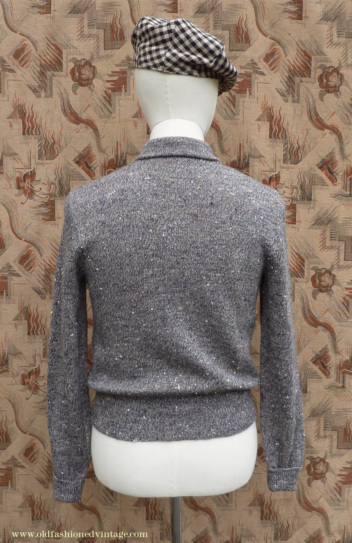 Old Fashioned Garments Vintage Reproduction 1940s Mens Long Collar Zip Neck Jumper Speckled Flecked Grey Marl Wool Polo Sweater S