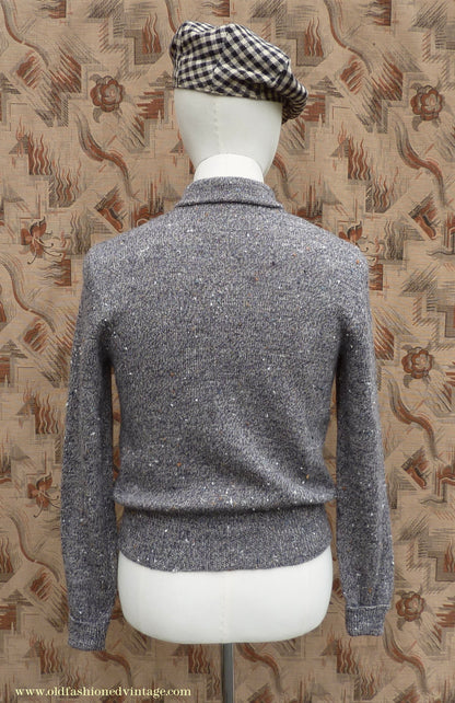 Old Fashioned Garments Vintage Reproduction 1940s Mens Long Collar Zip Neck Jumper Speckled Flecked Grey Marl Wool Polo Sweater S