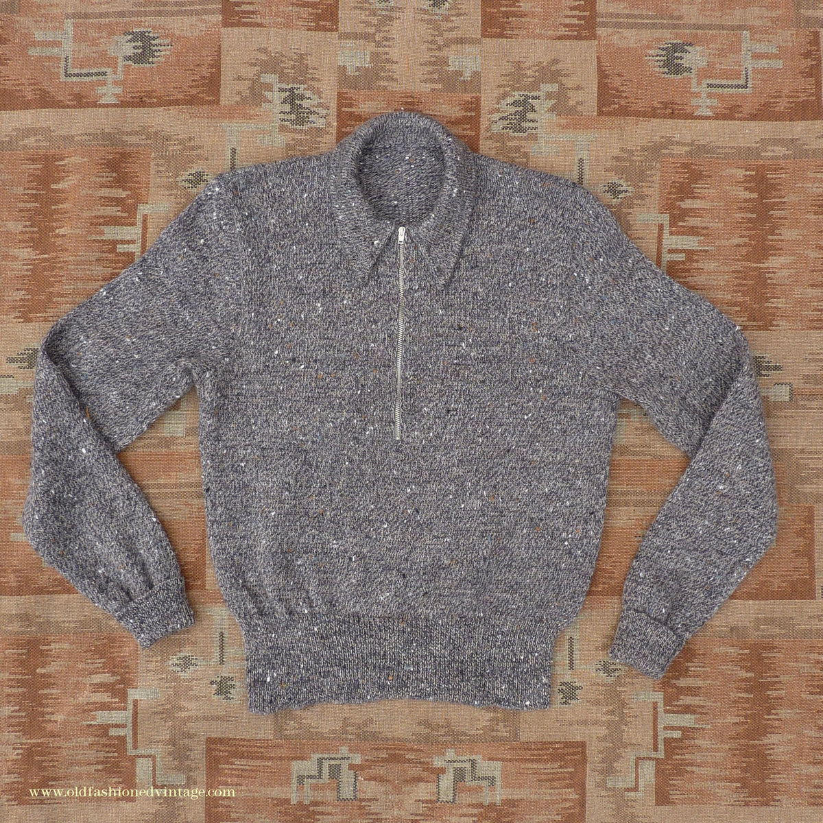 Old Fashioned Garments Vintage Reproduction 1940s Mens Long Collar Zip Neck Jumper Speckled Flecked Grey Marl Wool Polo Sweater S