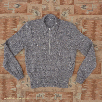 Old Fashioned Garments Vintage Reproduction 1940s Mens Long Collar Zip Neck Jumper Speckled Flecked Grey Marl Wool Polo Sweater S