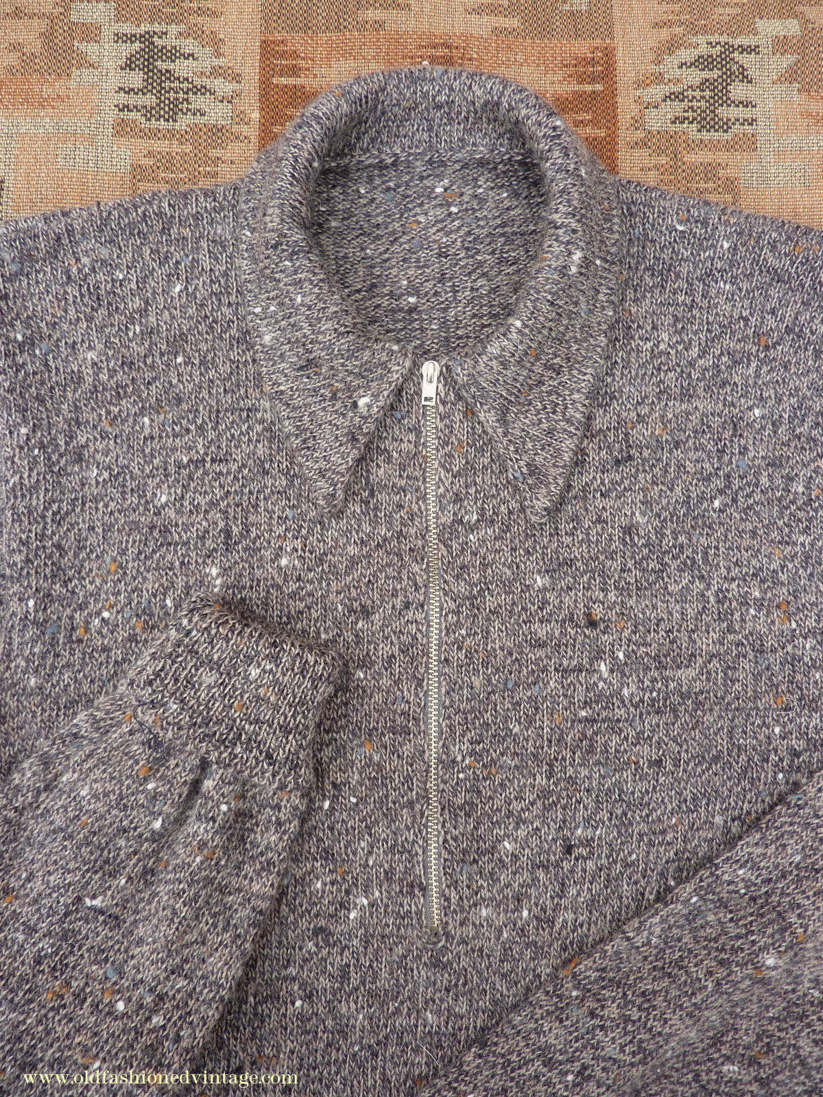 Old Fashioned Garments Vintage Reproduction 1940s Mens Long Collar Zip Neck Jumper Speckled Flecked Grey Marl Wool Polo Sweater S