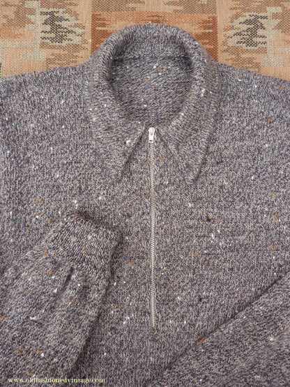 Old Fashioned Garments Vintage Reproduction 1940s Mens Long Collar Zip Neck Jumper Speckled Flecked Grey Marl Wool Polo Sweater S