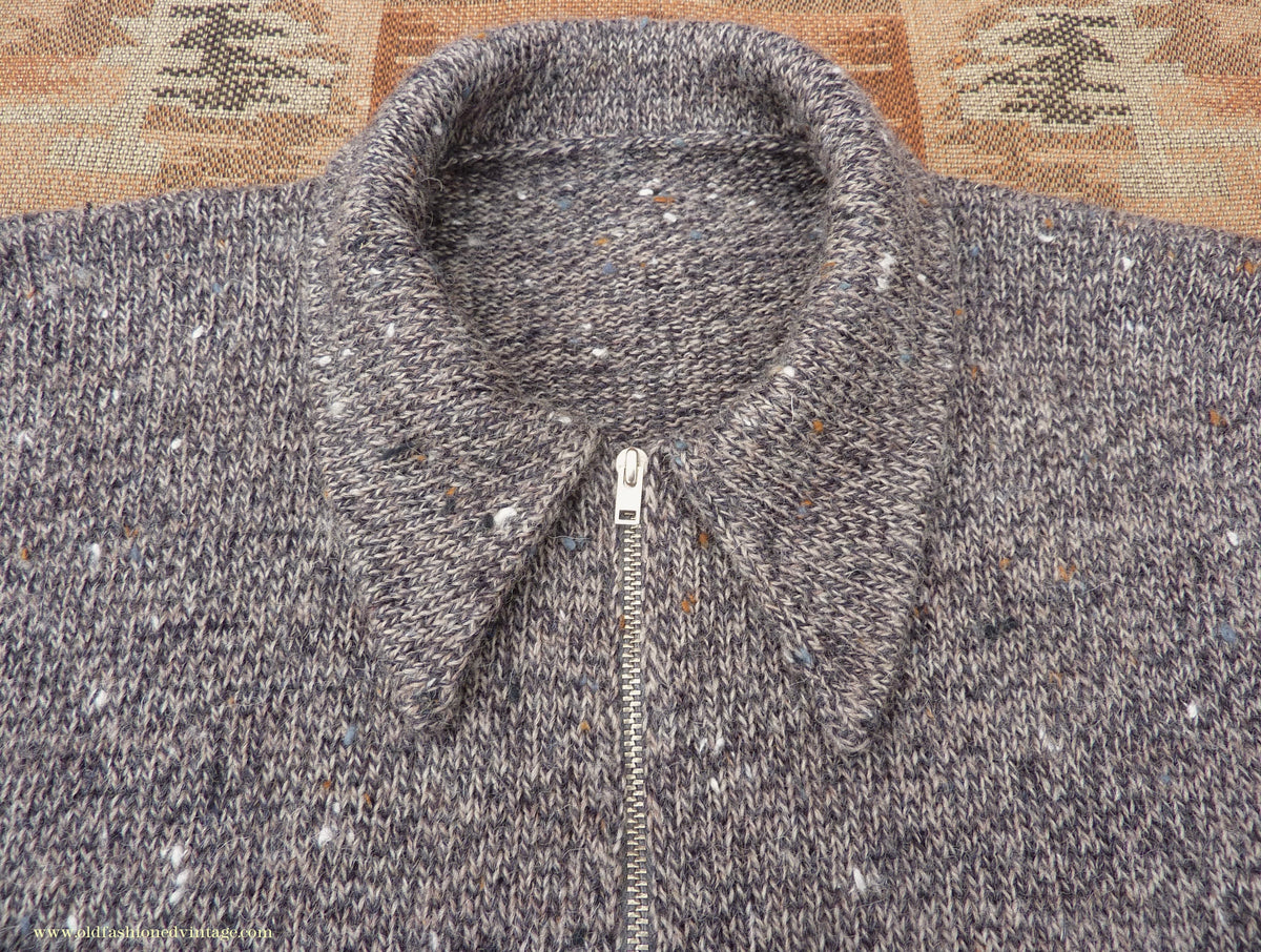 Old Fashioned Garments Vintage Reproduction 1940s Mens Long Collar Zip Neck Jumper Speckled Flecked Grey Marl Wool Polo Sweater S