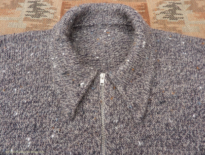 Old Fashioned Garments Vintage Reproduction 1940s Mens Long Collar Zip Neck Jumper Speckled Flecked Grey Marl Wool Polo Sweater S