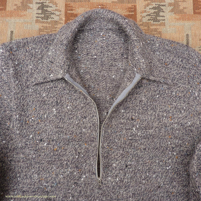 Old Fashioned Garments Vintage Reproduction 1940s Mens Long Collar Zip Neck Jumper Speckled Flecked Grey Marl Wool Polo Sweater S