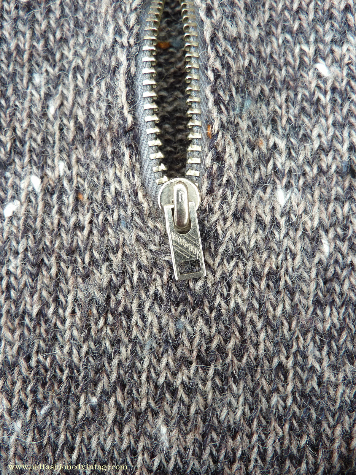 Old Fashioned Garments Vintage Reproduction 1940s Mens Long Collar Zip Neck Jumper Speckled Flecked Grey Marl Wool Polo Sweater S