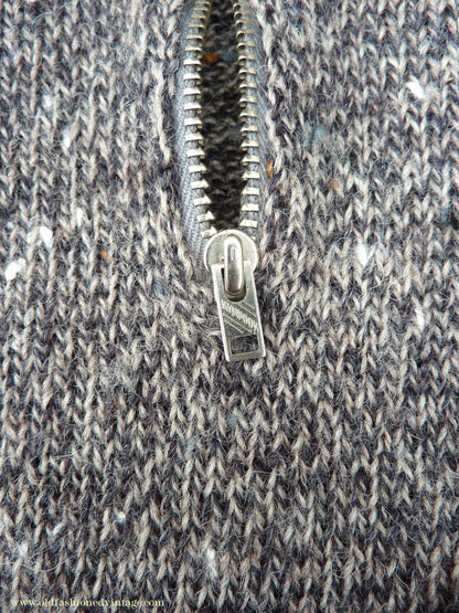 Old Fashioned Garments Vintage Reproduction 1940s Mens Long Collar Zip Neck Jumper Speckled Flecked Grey Marl Wool Polo Sweater S
