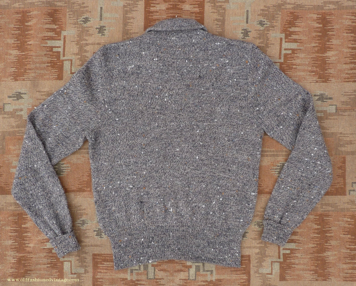 Old Fashioned Garments Vintage Reproduction 1940s Mens Long Collar Zip Neck Jumper Speckled Flecked Grey Marl Wool Polo Sweater S