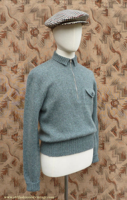 Old Fashioned Garments Vintage Reproduction 1930s 1940s Mens Chest Pocket Zip Neck Jumper Natural Green Grey Melange Polo Sweater M