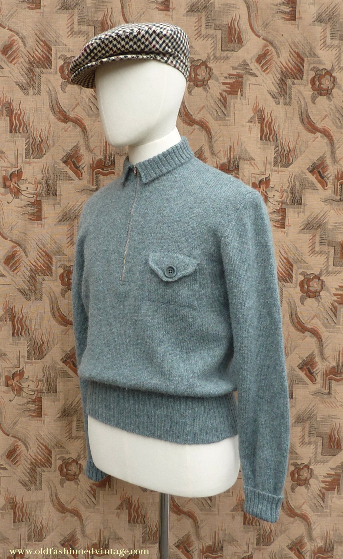 Old Fashioned Garments Vintage Reproduction 1930s 1940s Mens Chest Pocket Zip Neck Jumper Natural Green Grey Melange Polo Sweater M