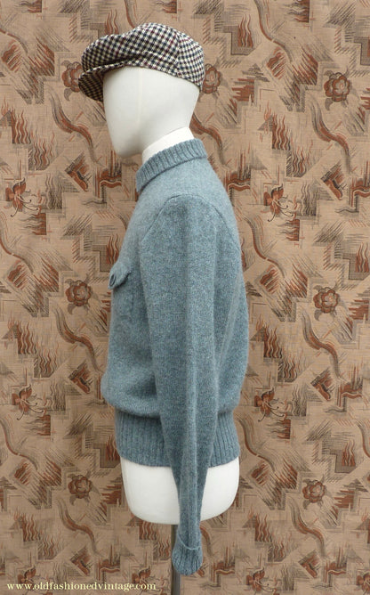 Old Fashioned Garments Vintage Reproduction 1930s 1940s Mens Chest Pocket Zip Neck Jumper Natural Green Grey Melange Polo Sweater M