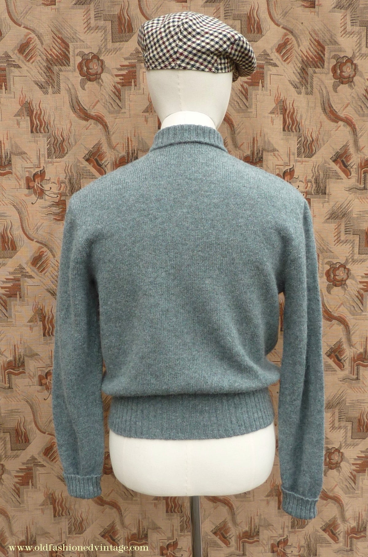Old Fashioned Garments Vintage Reproduction 1930s 1940s Mens Chest Pocket Zip Neck Jumper Natural Green Grey Melange Polo Sweater M