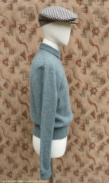 Old Fashioned Garments Vintage Reproduction 1930s 1940s Mens Chest Pocket Zip Neck Jumper Natural Green Grey Melange Polo Sweater M
